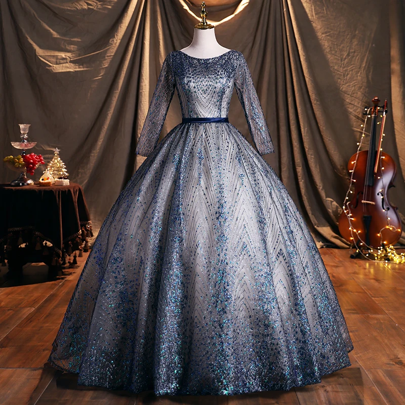 fitted lace wedding dress Hot Sparkle Royal Blue Sequin Long Sleeves Mermaid Prom Dresses main image 1