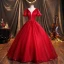 Ethnic Red Satin Prom Dresses 2021 Ball Gown Scoop Neck Short Sleeve Backless Sash Floor-Length / Long Formal Dresses