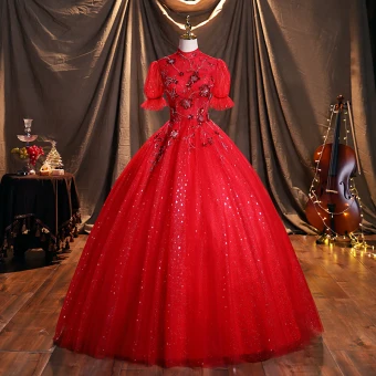 Scintillantes Rouge Robe De Bal Princesse 2021 Col Haut Perlage Étoile Paillettes Manches De Cloche Dos Nu Longue Robe De Ceremonie