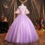 Flower Fairy Lavender Prom Dresses 2021 Ball Gown Off-The-Shoulder Sequins Lace Flower Appliques Backless Bell sleeves Floor-Length / Long Formal Dresses