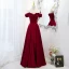 Elegant Burgundy Satin Prom Dresses 2021 A-Line / Princess Ruffle Off-The-Shoulder Short Sleeve Backless Floor-Length / Long Formal Dresses