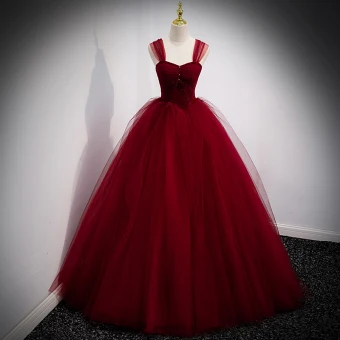 Chic Belle Bordeaux Robe De Bal 2021 Robe Boule Encolure Carrée Sans Manches Dos Nu Longue Robe De Ceremonie