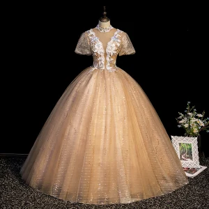 Charmant Champagne Robe De Bal 2021 Robe Boule Col Haut Paillettes En Dentelle Fleur Manches Courtes Dos Nu Longue Robe De Ceremonie