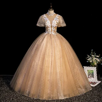 Charmant Champagne Robe De Bal 2021 Robe Boule Col Haut Paillettes En Dentelle Fleur Manches Courtes Dos Nu Longue Robe De Ceremonie
