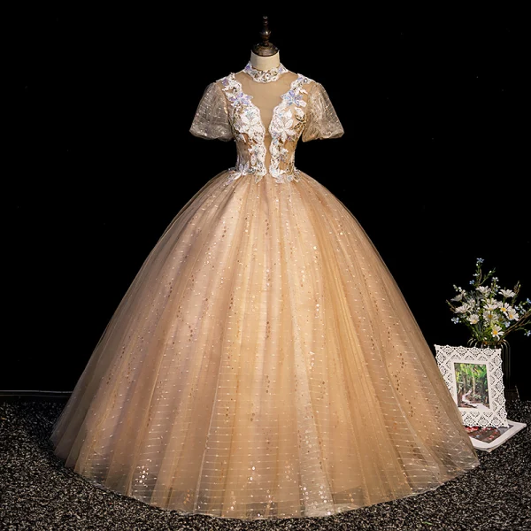 Charmant Champagne Robe De Bal 2021 Robe Boule Col Haut Paillettes En Dentelle Fleur Manches Courtes Dos Nu Longue Robe De Ceremonie
