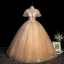 Charmant Champagne Robe De Bal 2021 Robe Boule Col Haut Paillettes En Dentelle Fleur Manches Courtes Dos Nu Longue Robe De Ceremonie