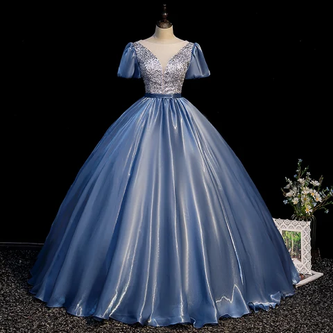 Mode Océan Bleu Paillettes Robe De Bal 2021 Robe Boule Encolure Dégagée Manches Courtes Dos Nu Longue Robe De Ceremonie