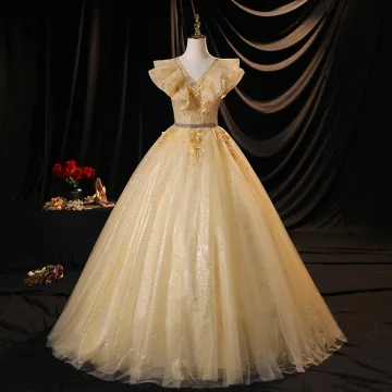 Charmant Champagne Robe De Bal 2021 Robe Boule V Cou Appliques Perle Paillettes En Dentelle Fleur Sans Manches Dos Nu Longue Robe De Ceremonie
