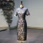 Chinese style Navy Blue Embroidered Satin Cheongsam 2021 Trumpet / Mermaid High Neck Beading Tassel Short Sleeve Ankle Length Cheongsam / Qipao