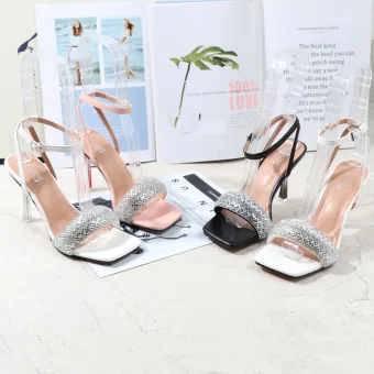 Sexy Blanche Cocktail Soirée Sandales Femme 2021 Bride Cheville Faux Diamant 9 Cm Peep Toes Bout Ouvert Talons Aiguilles Sandales Talons Hauts