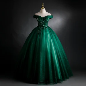 Elegant Dark Green Prom Dresses 2021 Ball Gown Off The Shoulder Beading Sequins Lace Flower Sleeveless Backless Floor Length Long Formal Dresses