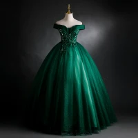 Elegantes Verde Oscuro Vestidos de gala 2021 Ball Gown Fuera Del Hombro Rebordear Lentejuelas Con Encaje Flor Sin Mangas Sin Espalda Largos Vestidos Formales
