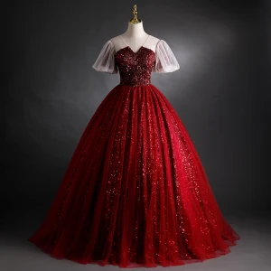Sparkly Burgundy Sequins Prom Dresses 2021 Ball Gown V Neck Beading Short Sleeve Backless Floor Length Long Formal Dresses
