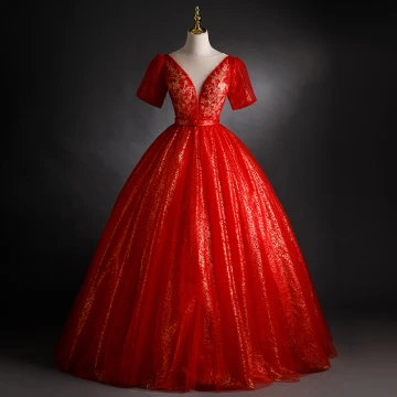 Chic Belle Rouge Robe De Bal 2021 Robe Boule Encolure Dégagée Perlage Paillettes Manches Courtes Dos Nu Ceinture Longue Robe De Ceremonie