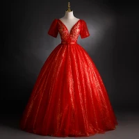 Chic / Belle Rouge Robe De Bal 2021 Robe Boule Encolure Dégagée Perlage Paillettes Manches Courtes Dos Nu Ceinture Longue Robe De Ceremonie