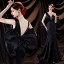 Sexy Black Satin Evening Dresses  Cocktail Dresses 2021 Trumpet / Mermaid V-Neck Sleeveless Backless Bow Sweep Train Evening Party Formal Dresses