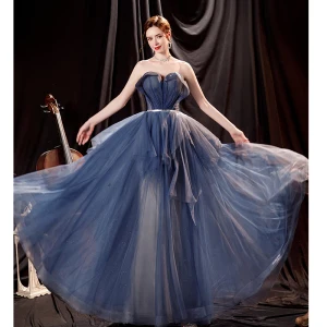 Chic Beautiful Ocean Blue Prom Dresses 2021 A Line Princess Strapless Rhinestone Sash Sleeveless Backless Floor Length Long Formal Dresses