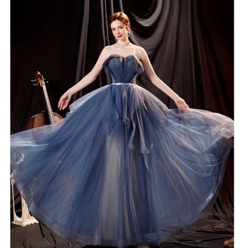 Chic Beautiful Ocean Blue Prom Dresses 2021 A Line Princess Strapless Rhinestone Sash Sleeveless Backless Floor Length Long Formal Dresses