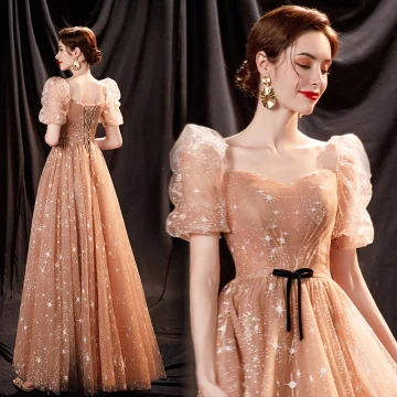 Scintillantes Doré Robe De Soirée 2021 Princesse Encolure Carrée Étoile Paillettes Manches Courtes Dos Nu Ceinture Longue Soirée Robe De Ceremonie