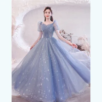 Charmant Bleu Ciel Robe De Bal 2021 Princesse Volants Encolure Carrée Perlage Étoile Paillettes 3 4 Manches Dos Nu Longue Robe De Ceremonie