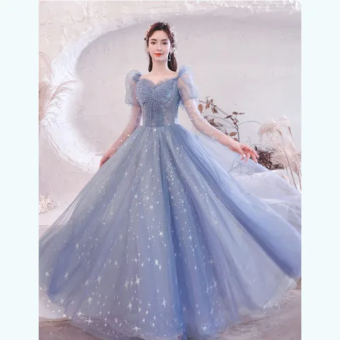 Charmant Bleu Ciel Robe De Bal 2021 Princesse Volants Encolure Carrée Perlage Étoile Paillettes 3/4 Manches Dos Nu Longue Robe De Ceremonie