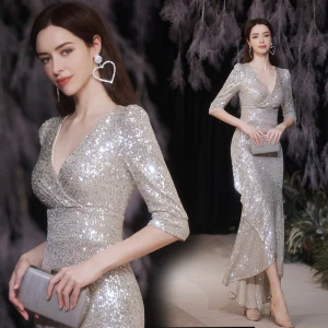 Sparkly Sexy Silver Sequins Evening Dresses 2021 Trumpet Mermaid V Neck 1 2 Sleeves Floor Length Long Evening Party Formal Dresses