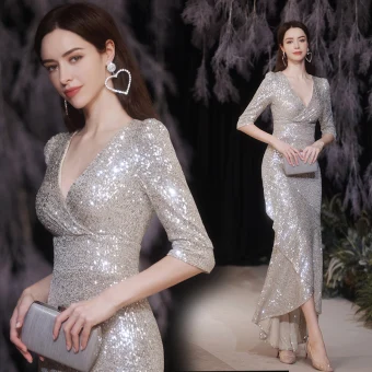 Scintillantes Sexy Argenté Paillettes Robe De Soirée 2021 Trompette Sirène V Cou 1 2 Manches Longue Soirée Robe De Ceremonie