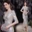 Sparkly Sexy Silver Sequins Evening Dresses 2021 Trumpet / Mermaid V-Neck 1/2 Sleeves Floor-Length / Long Evening Party Formal Dresses