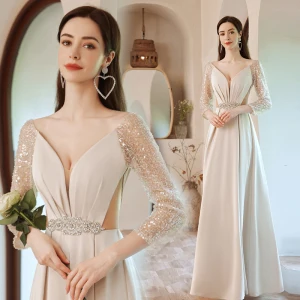 Sjarmerende Aprikos Beading Paljetter Ballkjoler 2021 Prinsesse V Hals Perle Rhinestone Sash 3 4 Ermer Ryggløse Lange Ball Formelle Kjoler