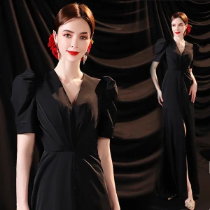 Sexy Black Split Front Evening Dresses 2021 Trumpet Mermaid V Neck Satin Short Sleeve Evening Party Floor Length Long Formal Dresses