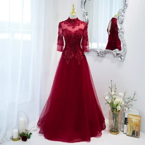 Élégant Bordeaux Robe De Bal 2021 Princesse Col Haut Perlage Faux Diamant En Dentelle Fleur 3 4 Manches Dos Nu Longue Robe De Ceremonie