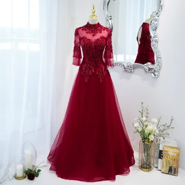 Élégant Bordeaux Robe De Bal 2021 Princesse Col Haut Perlage Faux Diamant En Dentelle Fleur 3 4 Manches Dos Nu Longue Robe De Ceremonie