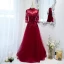 Elegant Burgundy Prom Dresses 2021 A-Line / Princess High Neck Beading Rhinestone Lace Flower 3/4 Sleeve Backless Floor-Length / Long Formal Dresses