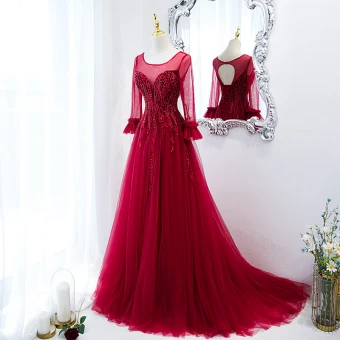 Chic Belle Bordeaux Robe De Bal 2021 Princesse U Cou Perlage En Dentelle Fleur Manches Longues Dos Nu Longue Promo Robe De Ceremonie