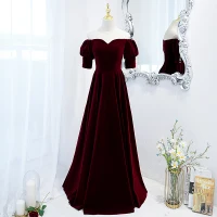 Elegant Suede Burgundy Prom Dresses 2021 A-Line / Princess Off-The-Shoulder Short Sleeve Backless Floor-Length / Long Prom Formal Dresses