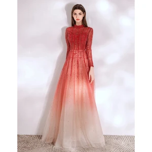 Charming High End Red Gradient Color Evening Dresses 2021 A Line Princess High Neck Beading Sequins Long Sleeve Floor Length Long Formal Dresses