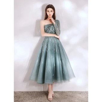 Charming Jade Green Sequins Evening Dresses 2021 A Line Princess One Shoulder Long Sleeve Backless Tea Length Evening Party Formal Dresses