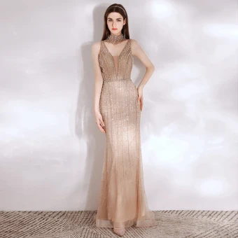 Haut De Gamme Scintillantes Champagne Robe De Soirée 2021 Trompette Sirène Col Haut Perlage Perle Paillettes Sans Manches Dos Nu Train De Balayage Soirée Robe De Ceremonie