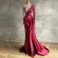 High-end Burgundy Handmade  Beading Pearl Rhinestone Evening Dresses 2021 Trumpet / Mermaid Scoop Neck Satin Long Sleeve Sweep Train Evening Party Formal Dresses