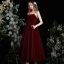 Chic / Beautiful Burgundy Homecoming Suede Graduation Dresses A-Line / Princess 2021 Spaghetti Straps Sleeveless Backless Pearl Tea-length Formal Dresses