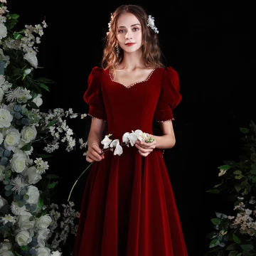 Chic Beautiful Burgundy Suede Homecoming Graduation Dresses 2021 A Line Princess Pearl Square Neckline Puffy Short Sleeve Backless Bow Tea Length Formal Dresses