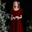 Chic / Beautiful Burgundy Suede Homecoming Graduation Dresses 2021 A-Line / Princess Pearl Square Neckline Puffy Short Sleeve Backless Bow Tea-length Formal Dresses