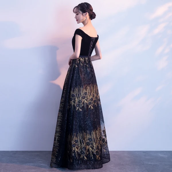 Bling Bling Navy Blue Evening Dresses 2018 A-Line / Princess V-Neck Short Sleeve Gold Glitter Tulle Floor-Length / Long Backless Formal Dresses