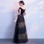 Bling Bling Navy Blue Evening Dresses  2018 A-Line / Princess V-Neck Short Sleeve Gold Glitter Tulle Floor-Length / Long Backless Formal Dresses