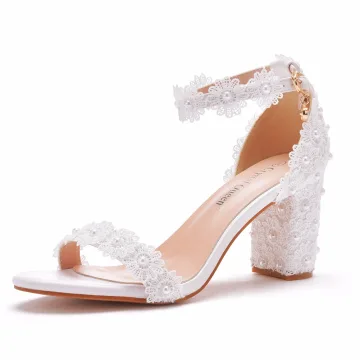 Sexy White Pearl Lace Flower Wedding Shoes 2021 Ankle Strap 7 Cm Thick Heels Open Peep Toe Wedding Sandals High Heels