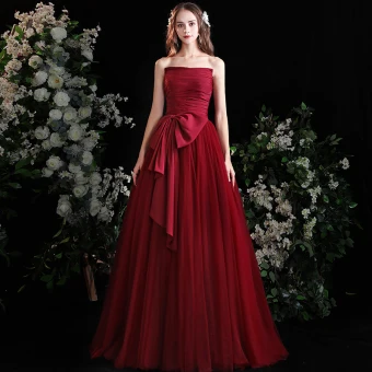 Chic Belle Bordeaux Robe De Bal 2021 Princesse Bustier Noeud Sans Manches Longue Promo Robe De Ceremonie