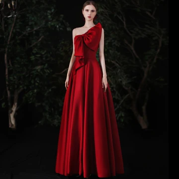 Mode Burgundy Satin Balklänningar 2021 Prinsessa Jedno Ramię Rosett Ärmlös Halterneck Långa Formella Klänningar