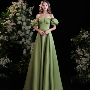 Chic Beautiful Sage Green Satin Prom Dresses 2021 A Line Princess Off The Shoulder Puffy Short Sleeve Backless Floor Length Long Formal Dresses