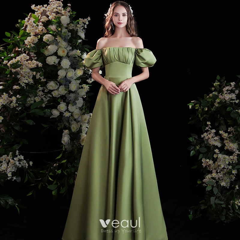 Chic / Beautiful Sage Green Satin Prom Dresses 2021 A-Line / Princess  Off-The-Shoulder Puffy Short Sleeve Backless Floor-Length / Long Formal  Dresses