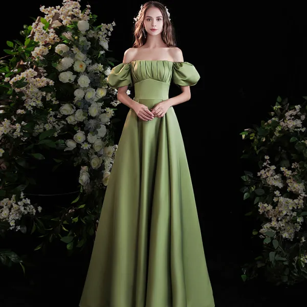 Chic / Beautiful Sage Green Satin Prom Dresses 2021 A-Line / Princess Off-The-Shoulder Puffy Short Sleeve Backless Floor-Length / Long Formal Dresses